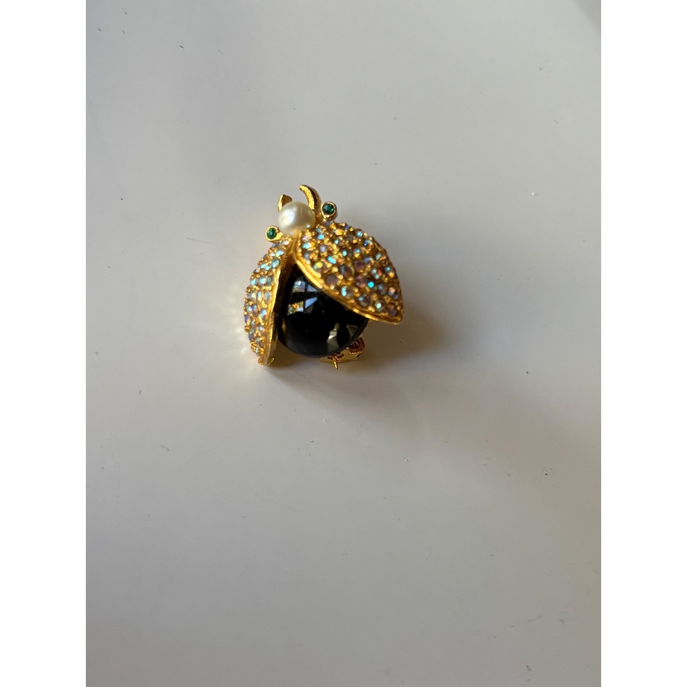 Vintage Gold Tone Ladybug Brooch AB Rhinestone Faux Pearl Black Glass Insect Pin